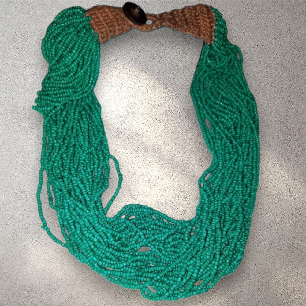 Tribal Vtg button clasp multistrand turquoise Glass Seed bead necklace